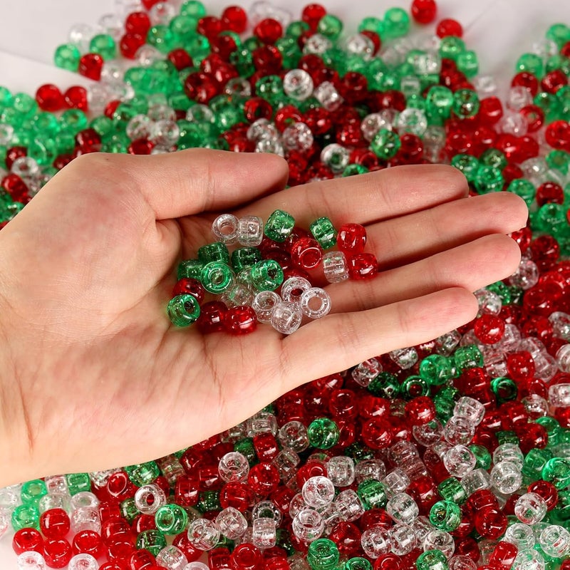FINEWEN Christmas Beads(1200Pcs 6x9mm) Pony Beads Bulk, Red White Green Glitter Bead for Hair Braids, Christmas Decoration,Friendship Crafts (Xmas Glitter) - Image 3